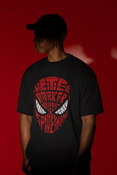 Alice Butik Örümcek Adam Peter Parker Baskılı Marvel 1 Oversize Unisex Siyah Tshirt
