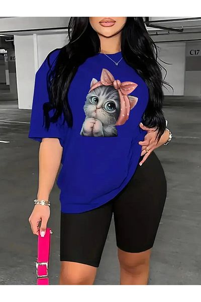 WOODROFFE Women's Cute Cat Printed T-Shirt Leggings Suit Combination Oversize Loose Boyfriend