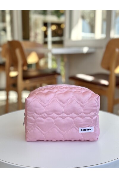 Batekso Candy Pink Heart Embroidered Makeup Bag - Large Size