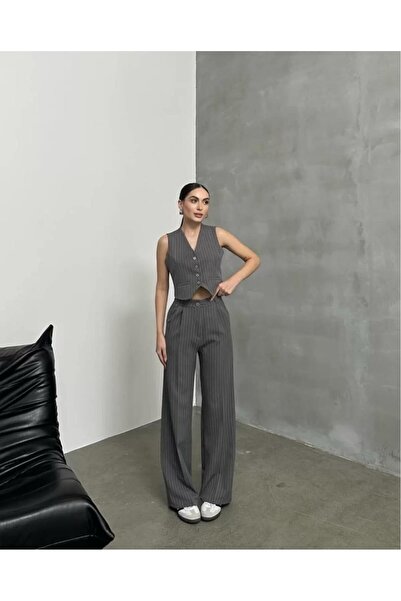 BNK Shop Striped Sleeveless Vest Palazzo Trousers Double Set