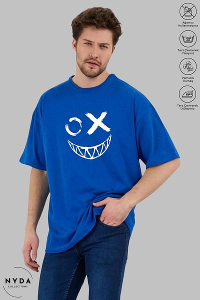 Nyda Collections Unisex Crew Neck Emoji εμπριμέ βαμβακερό μπλουζάκι με κοντό μανίκι