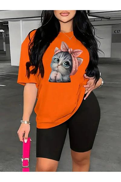 WOODROFFE Women's Cute Cat Printed T-Shirt Leggings Suit Combination Oversize Loose Boyfriend