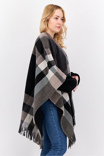 London Fog Women Plaid Open Front Poncho, Grey
