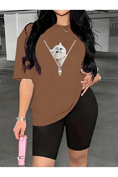 WOODROFFE Γυναικείο μπλουζάκι με φερμουάρ Cat εμπριμέ Κολάν (κοντό) Σετ Συνδυ...