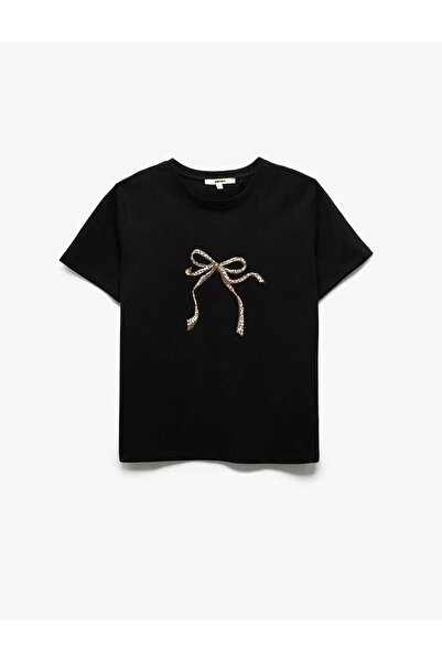 Koton Čierne dámske tričko s leopardím vzorom s potlačou mašle 5SAK50096EK