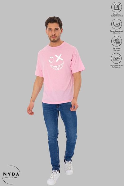 Nyda Collections Unisex Crew Neck Emoji εμπριμέ βαμβακερό μπλουζάκι με κοντό μανίκι