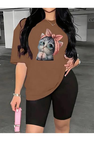 WOODROFFE Women's Cute Cat Printed T-Shirt Leggings Suit Combination Oversize Loose Boyfriend