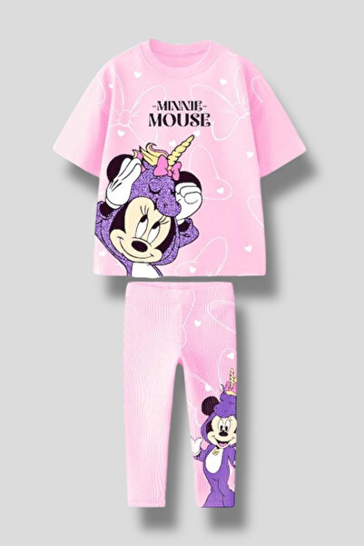 Magu Kız Çocuk Minnie Mouse Unicorn Baskılı 2'li Takım - Kısa Kollu Tişört ve...