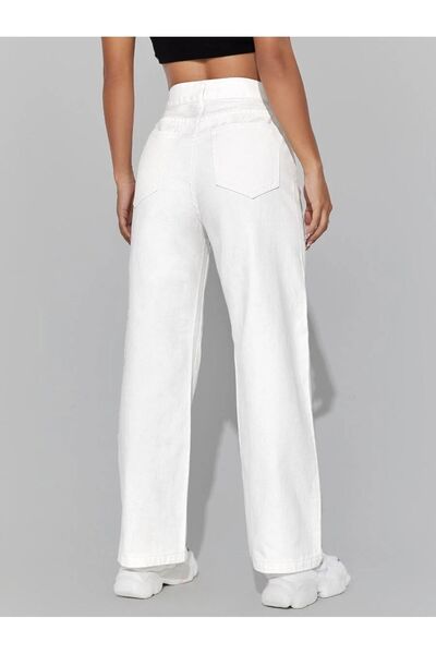 SHEVEGA White High Waist Wide Leg Boyfriend Pants