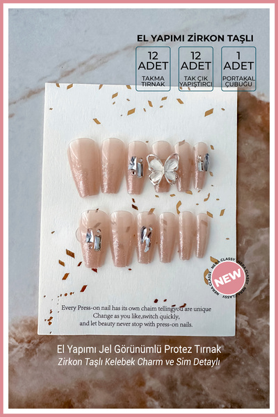 Nera Classy 12'li Takma Tırnak, Nail 12'li Zirkon Taşlı Kelebek Charm ve Sim Detaylı Orta Balerin Model Tırnak