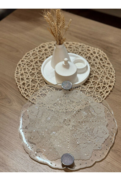 Pelince Epoksi Reçine Nişan Tepsisi - Dantel ve İncili - Çap: 30 cm