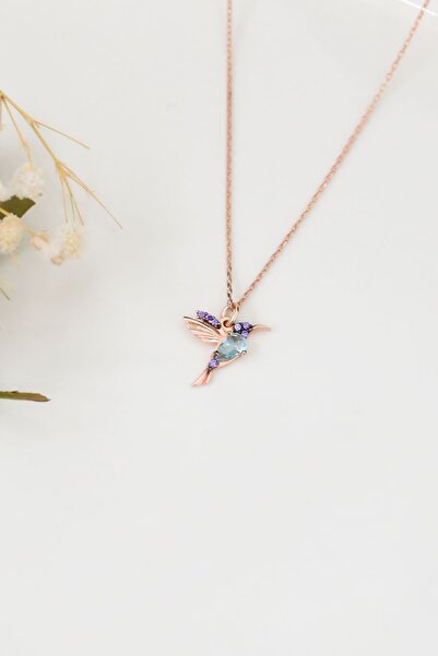 Papatya Silver 925 Ayar Gümüş Rose Kaplama Taşlı Kuş Kolye