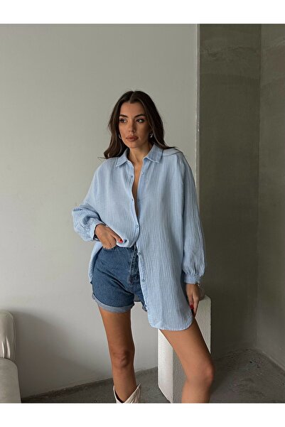 Lusin Cămașă premium din țesătură musulmană Baby Blue pentru femei