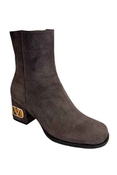 TUFAN SHOES Antrasit Hakiki Süet Deri İçi Sıcak Astar Topuklu Bot