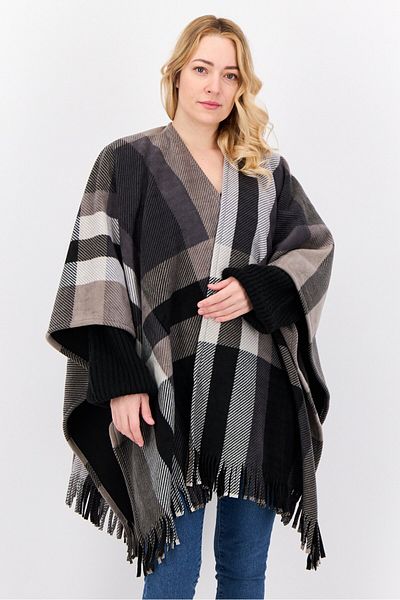 London Fog Women Plaid Open Front Poncho, Grey