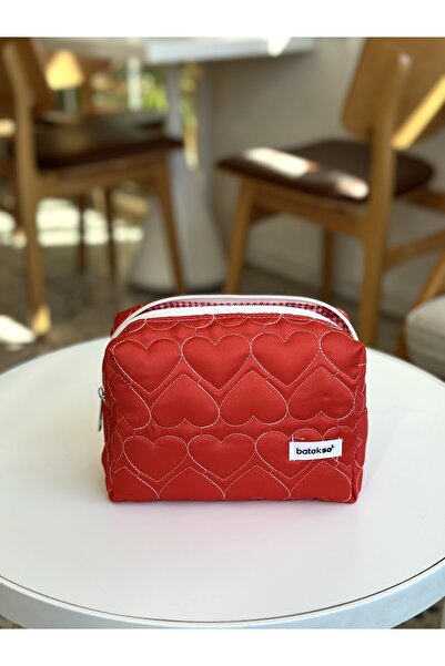 Batekso Red Heart Embroidered Makeup Bag - Large Size
