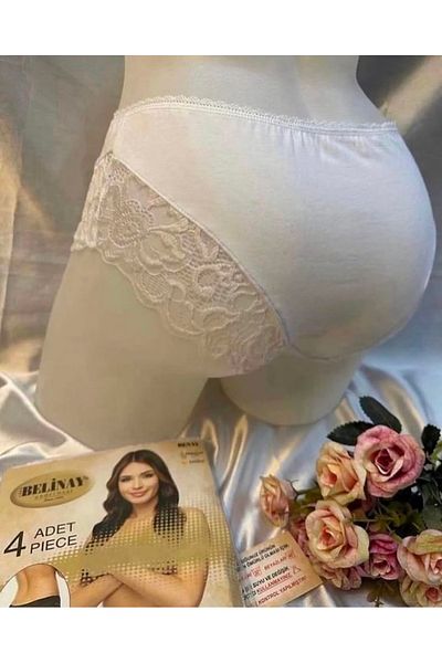 Belinay Women's 4 Pack White Polyamide Edges Flower Lace Detailed Full Lycra Modal High Waist Panties