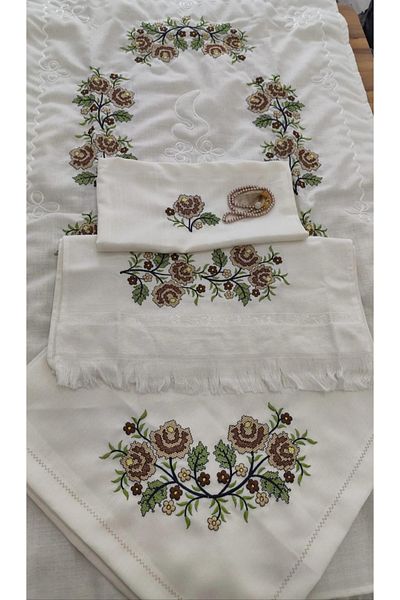 ZeynoÇeyiz Zeynoceyiz Gardenia Linen Fabric Cross-Stitch Embroidered Prayer Rug Set 5 Pieces