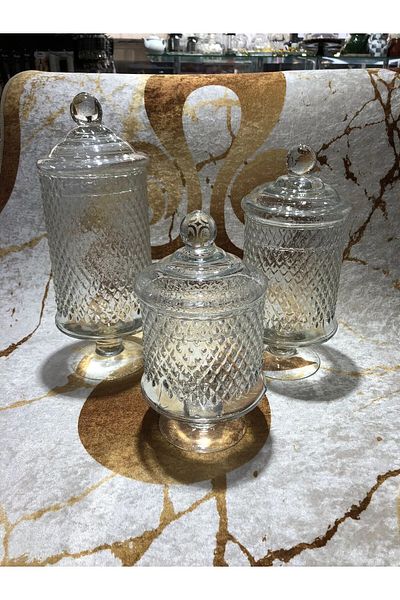 Unique Handmade 3-Piece Glass Dragee - Cookie Holder - Sugar Bowl Set