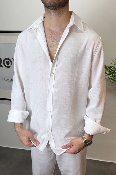 ROY501 Men's Oversize Cut Linen Shirt Men's Linen Shirt Thin Solid Long Sleeve Summer Shirt