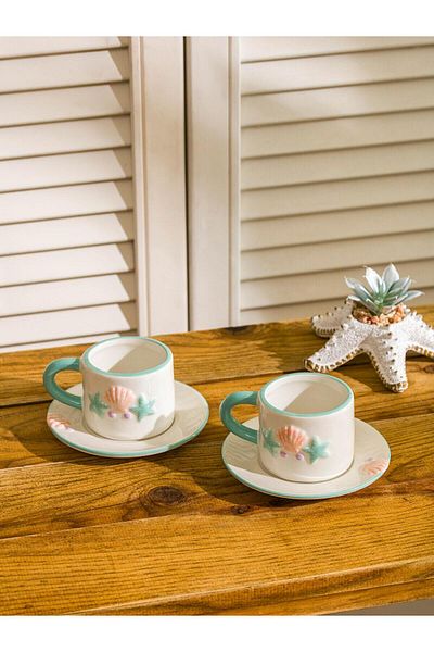 LC Waikiki Lcw Home Sea Shell Printed 2-Person Porcelain Coffee Cup Set 100 ml