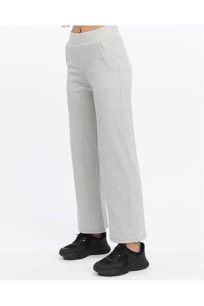Melff Women's Light Gray Pocket High Waist Corded Interlock Fabric Elastic Trousers