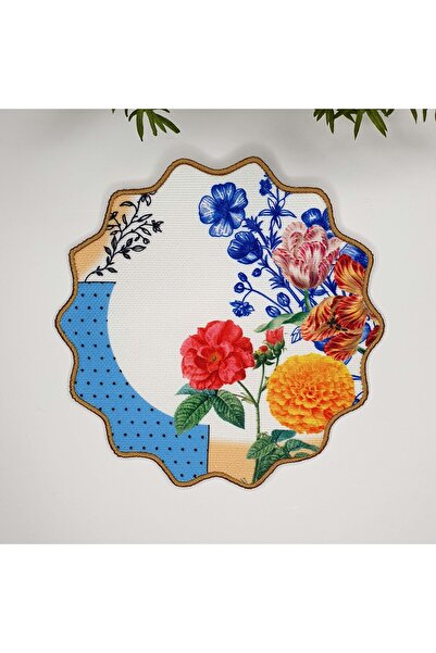 decofav Çini Motifli ve Çiçekler Tasarımlı Nakış Kenar Kumaş Kokteyl Peçetesi 1 Adet