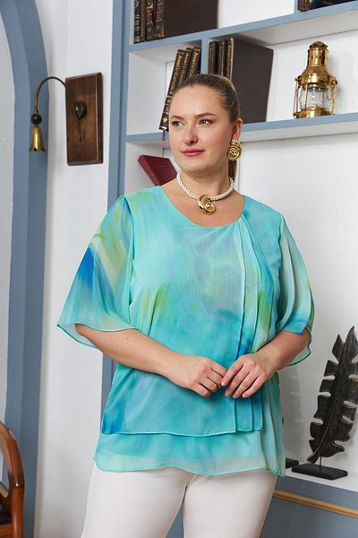 RMG Tie Dye Patterned Pleated Green Large Size Blouse