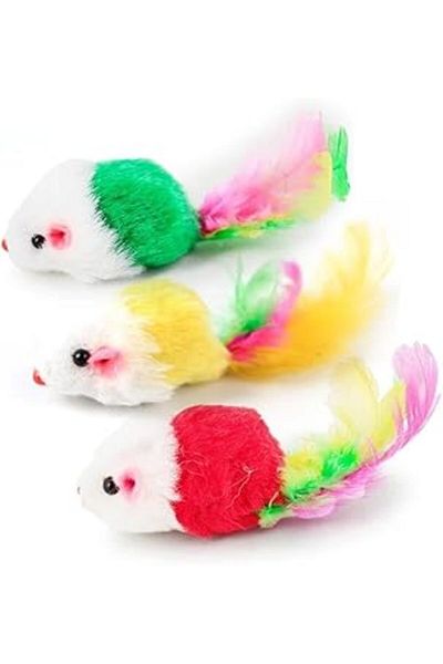 Mu Art Tinplate Colorful Feathered Realistic Mouse Cat Toy 5 Pieces