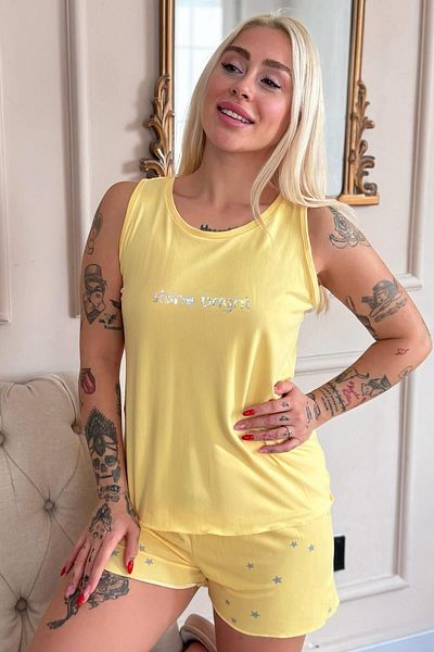 Pijamaevi Yellow Shine Patterned Bamboo Women's Pajama Set with Zero Sleeve Shorts
