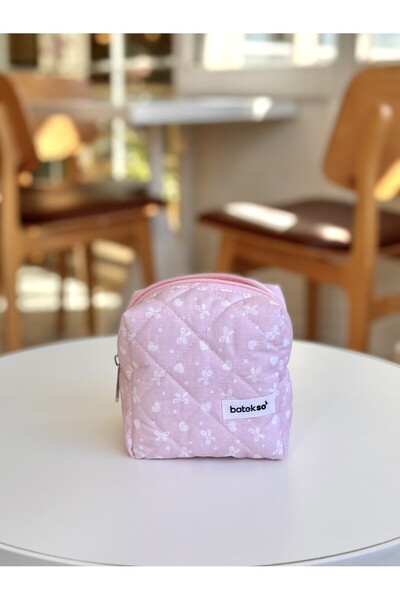 Batekso Pink Ribbon Patterned Makeup Bag - Small Size
