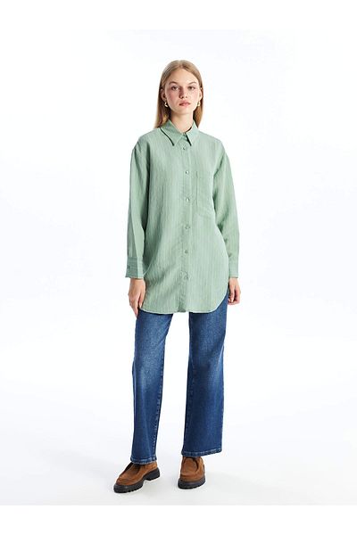 LC Waikiki Lcw Modest Green Striped Oversize Women's Shirt Tunic