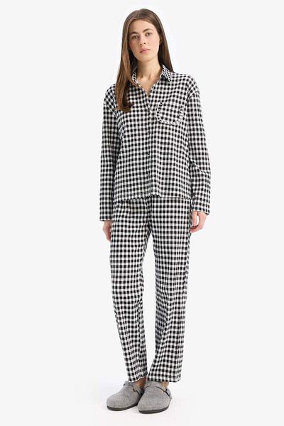 DeFacto New Season Pajama Set Checked Long Sleeve Top Stretchy Waisted Long Bottom Six-Fall in Love