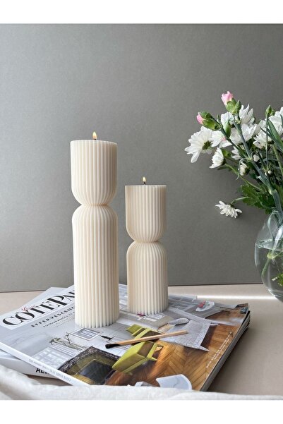 LALEZEN HOME Dekoratif 2 li Blok Mum Seti Çizgili Desenli
