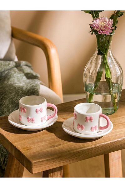LC Waikiki Lcw Home Bow Printed 2-Person Porcelain Coffee Cup Set 100 ml