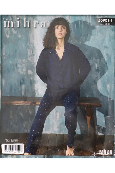 Mihra Set of Front Degree Shirt and Foot Navy Blue Milanese University Pajamas
