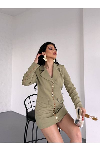 buqre's moda Trend γυναικείο χρυσό κουμπωτό μακρύ σακάκι με λεπτομερή σχεδίαση