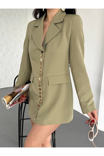buqre's moda Trend γυναικείο χρυσό κουμπωτό μακρύ σακάκι με λεπτομερή σχεδίαση
