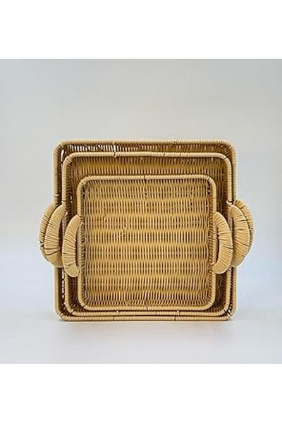 Mu Art Ahşap Auracane 3-Piece Wicker Look Tray Set – Presentation and Decorative Wicker Basket Tray, Stylish and Aesthetic