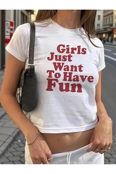 BİQ & TAQ BUTİK Belt Length Slogan Printed Crop Blouse