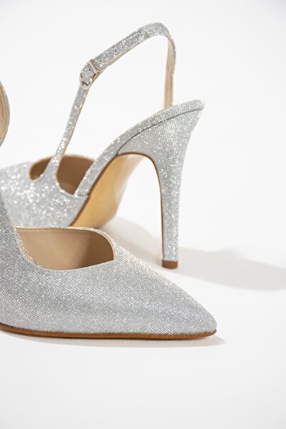 es exello Pantofi cu toc înalt și subțire Kylie Back Open Silver Glitter