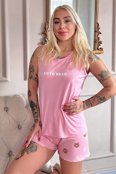 Pijamaevi Dark Pink Cute Patterned Bamboo Women's Pajama Set with Zero Sleeve Shorts
