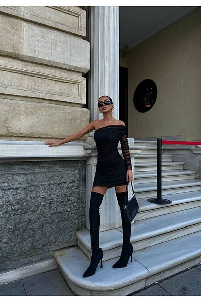 JK Stores One Sleeve Detailed Tulle Mini Dress