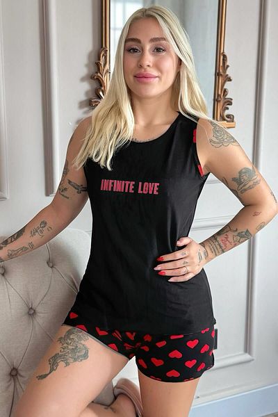 Pijamaevi Black Red Infinite Love Patterned Bamboo Women's Pajama Set with Zero Sleeve Shorts