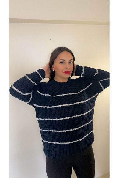 Tara Butik Navy Blue and White Striped Thessaloniki Knitted Knitwear Sweater