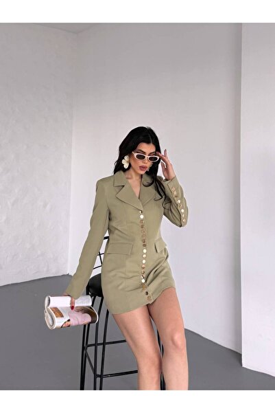 buqre's moda Trend Women's Gold Snap Detailed Design Long Blazer Jacket