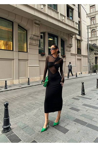 JK Stores Tulle Detail Cross Gathered Midi Dress