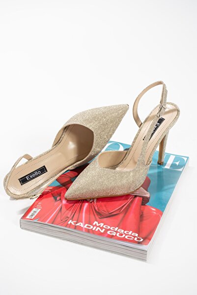 es exello Pantofi cu toc înalt și subțire Kylie Back Light Gold Glitter