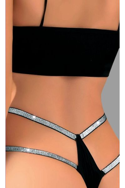 Cooqpoo Black S/M - L/Xl Size 2 Row Full Stone Thong Women's Panties