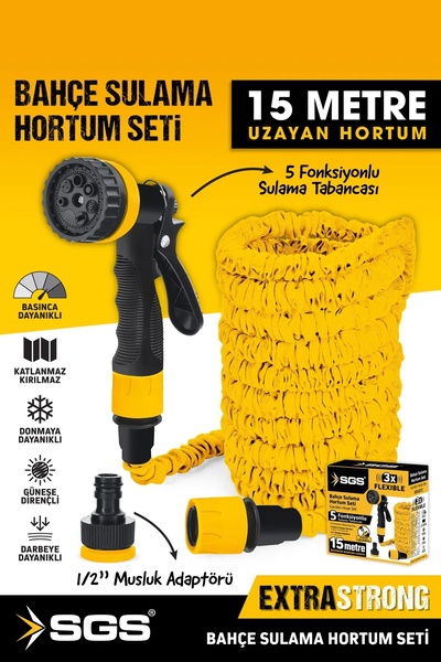 BİTERSE 5 Fonksiyonlu 15 Metre Uzayabilen Hortum Bahçe Sulama Hortum Seti Ara...